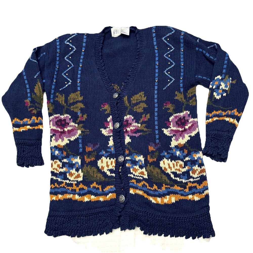 Vintage Chu Cardigan Knit Sweater Crochet Hem Trim & Cuffs Button Up Women’s L